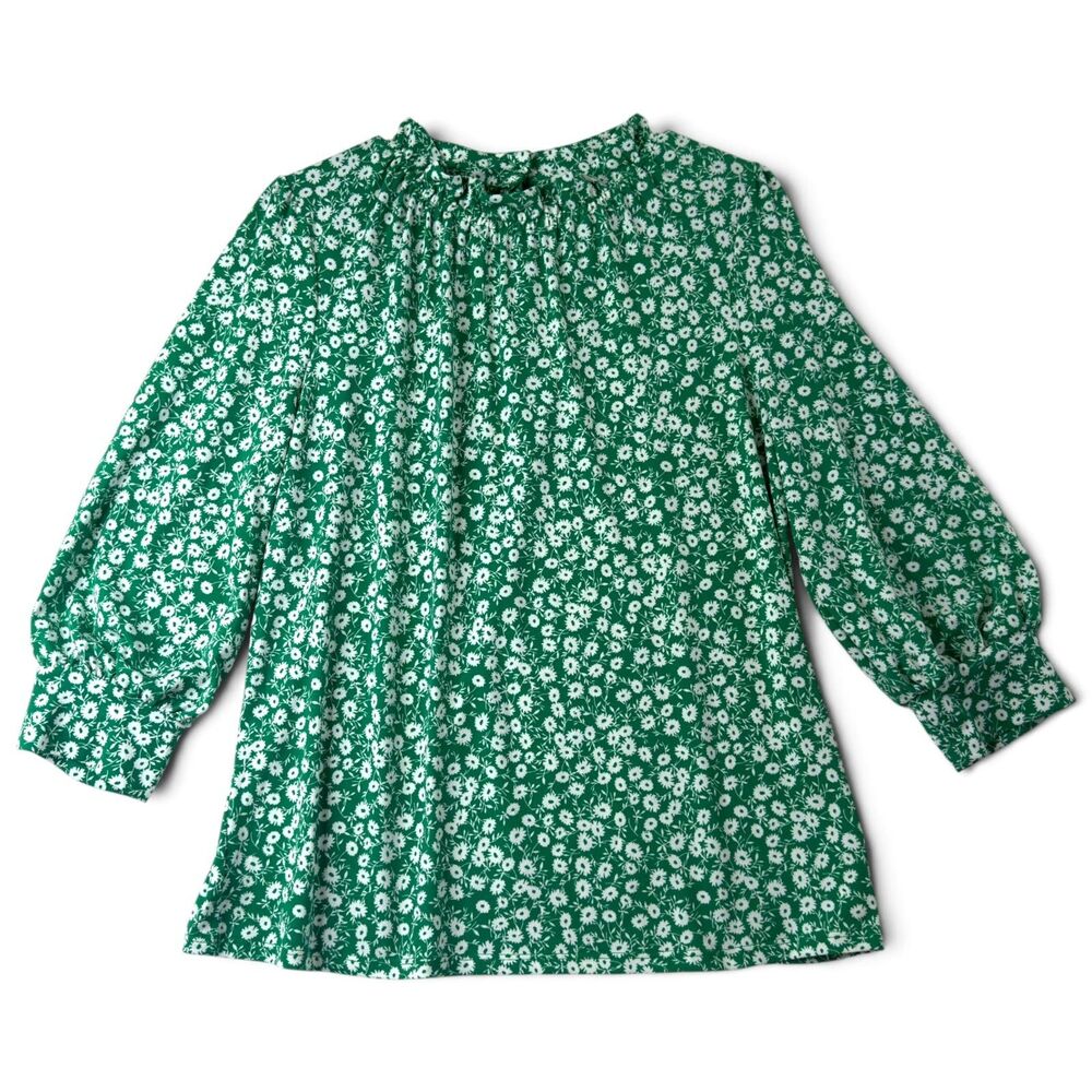 adrianna papell romantic cottagecore green ditsy floral ruffle neck puff sleeve